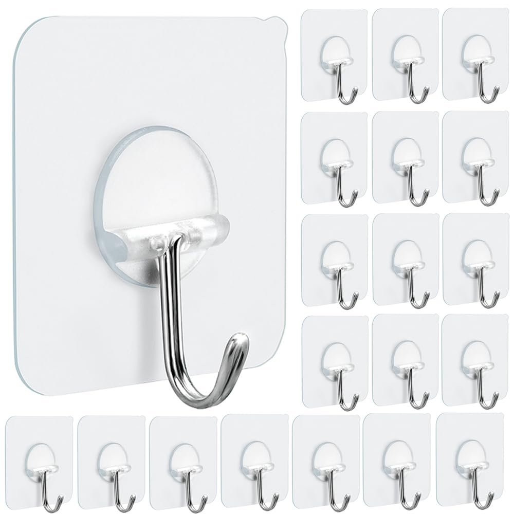 FOTYRIG Clear Adhesive Hooks 180 Rotatable Transparent Sticky Hooks, Heavy Duty 15lbs Waterproof No Drill Wall Hooks for Bathroom Kitchen Hanging Towels Keys-20 Packs