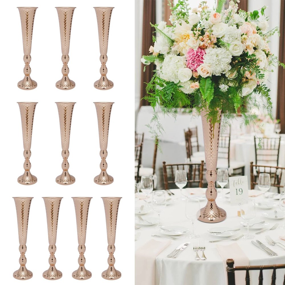 10 Pcs Christmas Floral Arrangements,Tabletop Metal Wedding Flower Trumpet Vase Table Decorative Centerpiece, 20.5" Tall Artificial Flower Arrangements for Anniversary Party Home Decoration, Gold