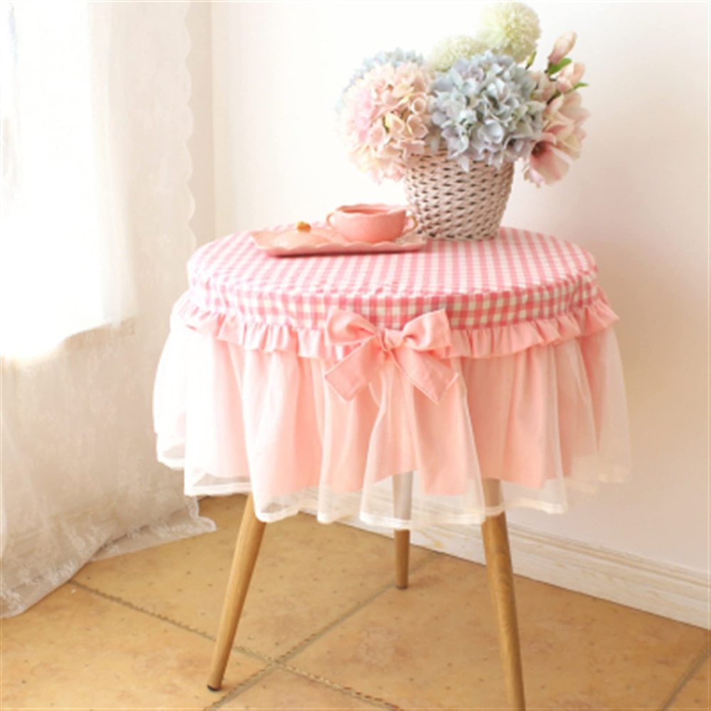 Embroidery lace Household Round Tablecloth Coffee Table Cotton lace Bedside Table Cover Hand Sewing Bead mat Table Runner Cover (Color : Pink, Specification : Round 55CM)