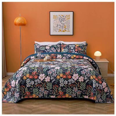 3 Pieces Botanical Quilt Set King, Navy Blue Floral Reversible Design, Smooth Soft 100% Cotton Quilt, Bedspread Bed Cover for All Season, 1 Quilt and 2 Pillow Shams