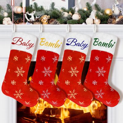 DegGod 6 Pack Custom Christmas Stockings with Names, 22 inches Personalized Embroidery Faux Fur Red Xmas Stockings with Gold or Silver Snowflakes Hanging Ornaments for Xmas Tree Party Decoration