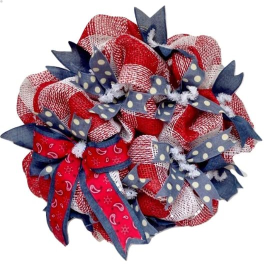 Bandana and Denim Western Wreath Handmade Deco Mesh. Available in 24 inch and 28 inch diameters