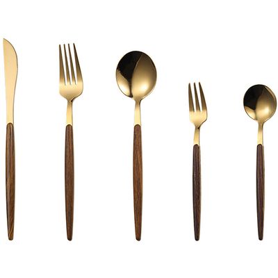 Gold Wood Silverware Set 30 Piece Stainless Steel Flatware Set for 6 Wooden Handle Cutlery Sets Restaurant Wedding Kitchen Tableware Utensil Include Knife Spoon Fork Fruit Fork and Coffee Spoon