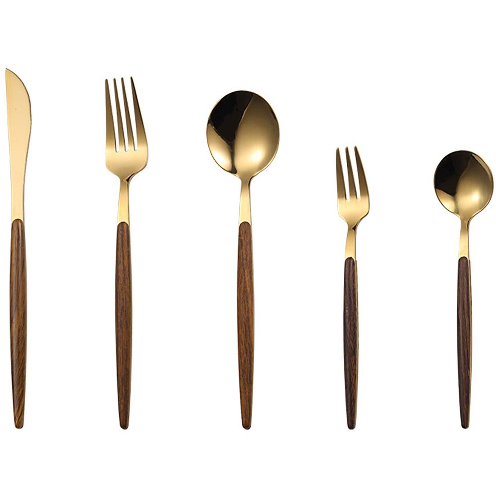 Gold Wood Silverware Set 30 Piece Stainless Steel Flatware Set for 6 Wooden Handle Cutlery Sets Restaurant Wedding Kitchen Tableware Utensil Include Knife Spoon Fork Fruit Fork and Coffee Spoon