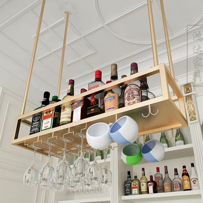 Ceiling Stemware Holder Wine Champagne Glass Holder Cabinet Hanging Storage Rack Upside Down Wine Cups Holder Gold Wine Bottle Racks for Kitchen Bar, Adjustable (Size : 140x25x21cm)