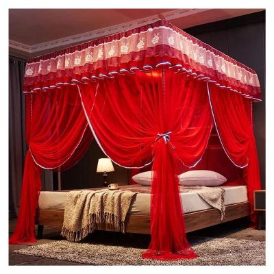 BNNP Bed Canopy Curtain Romantic Bed Canopy Curtains, 4 Corner 3 Side Openings Post Bed Curtain Canopy Netting Bed Curtain Bedding No Bracket Bed Tent Curtain (Color : Red, Size : 2X2.2M)