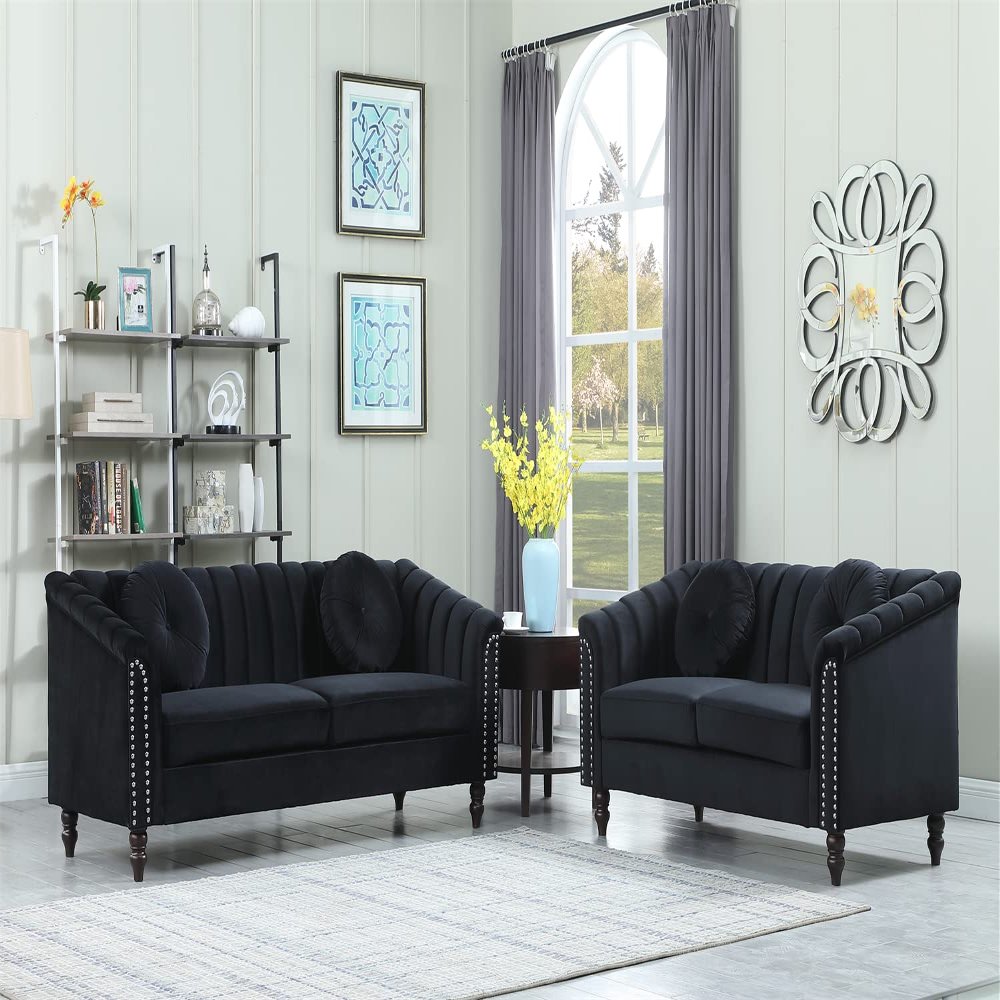 A Ainehome Living Room Furniture Sectional Sofa Upholstered Furniture Velvet Fabric Sofa 2 Piece Furniture Sofa Set for Living Room, Bedroom, Small Living Room, 3 Seat Sofa+Loevseat(Black)