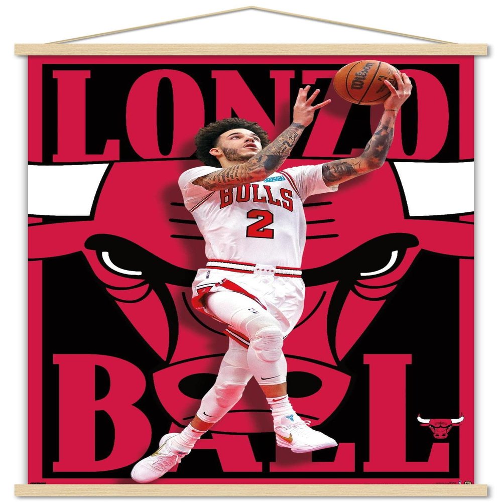 Trends International NBA Chicago Bulls - Lonzo Ball 22 Wall Poster, 22.375" x 34", Premium Print and Beechwood Hanger Bundle