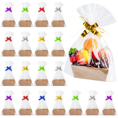 Fainne 74 Pcs Baskets for Gifts Empty Bulk DIY Empty Gift Basket Include 20 Kraft Cardboard Tray with Handles 30 Bags 24 Bows for Christmas Thanksgiving Birthdays Snacks Party, 8" x 6" x 3"(Brown)