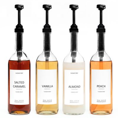 Demi's Home 25.4 oz 750 ml Glass Coffee Syrup Dispenser for Coffee Bar - 4 Pack - Comprehensive Label Set & oz Pumps Included