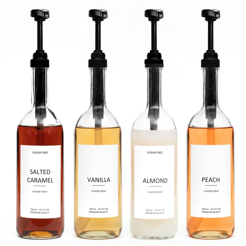Demi's Home 25.4 oz 750 ml Glass Coffee Syrup Dispenser for Coffee Bar - 4 Pack - Comprehensive Label Set &  oz Pumps Included