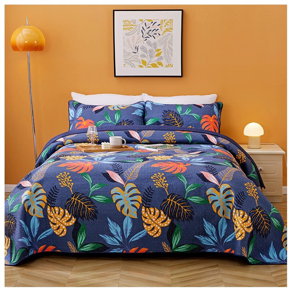 3 Piece Reversible Abstract Floral-Decorative Quilt Set King Size with 1 Quilt and 2 Pillow Shams 100% Cotton Lightweight Floral Coverlet Bedspread for All Season,D,King