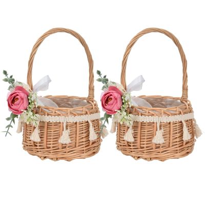 MEUMITY 2 PCS Woven Flower Basket with Handles,Wicker Basket with Beautiful Flowers Rattan Storage Basket for Wedding Christmas Decoration Rustic Photography,Pink