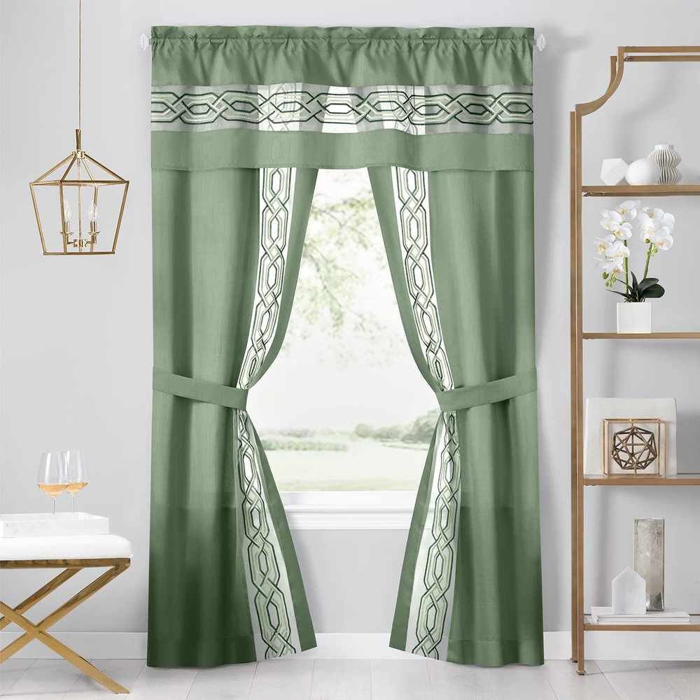 ACHIM Paige 5-Piece Window Curtain Set - 55 Width, 84 Length, 2 Inch Rod Pocket - Green - Light Filtering Set Includes Valance with Attached Panels & Two Tie Backs - Machine Washable Home Decor