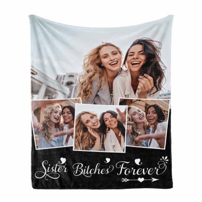 MyPupSocks to Sister Gift Customized Blanket with Photo Collages Sister Bitches Forever for Sisters Birthday Christmas Souvenir Gift (4 Photos, 60"x80", Made in USA)