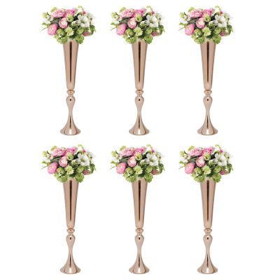 6 Pcs Christmas Floral Arrangements,Tabletop Metal Wedding Flower Trumpet Vase Table Decorative Centerpiece, 22" Tall Artificial Flower Arrangements for Anniversary Party Home Decoration, Gold