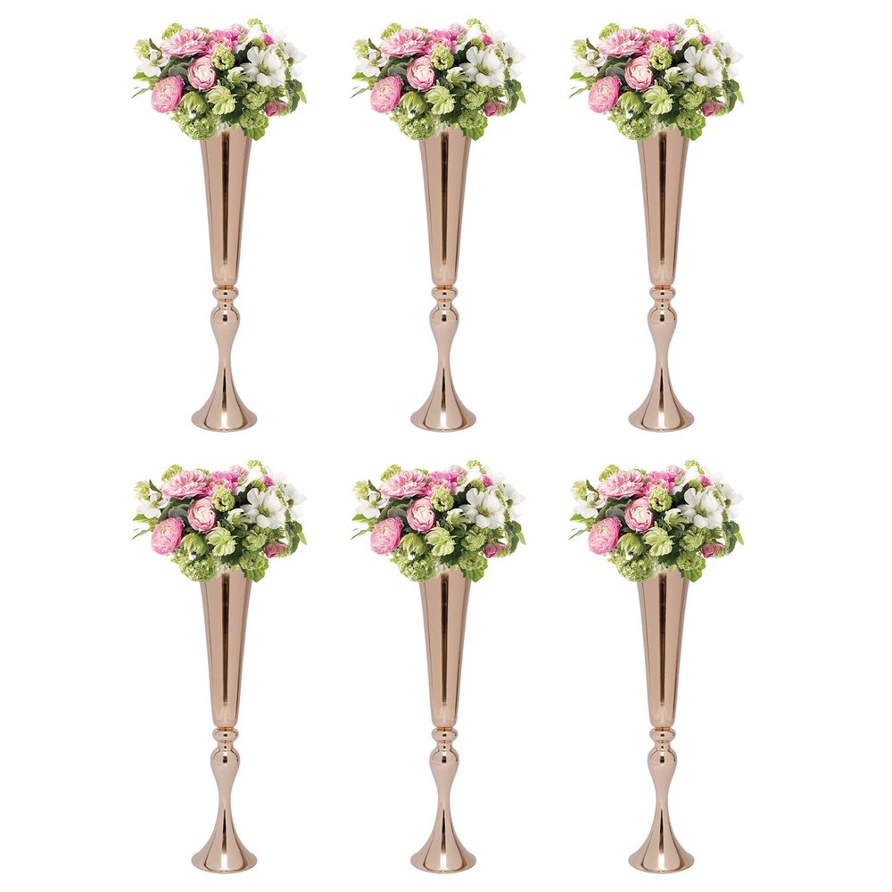 6 Pcs Christmas Floral Arrangements,Tabletop Metal Wedding Flower Trumpet Vase Table Decorative Centerpiece, 22" Tall Artificial Flower Arrangements for Anniversary Party Home Decoration, Gold