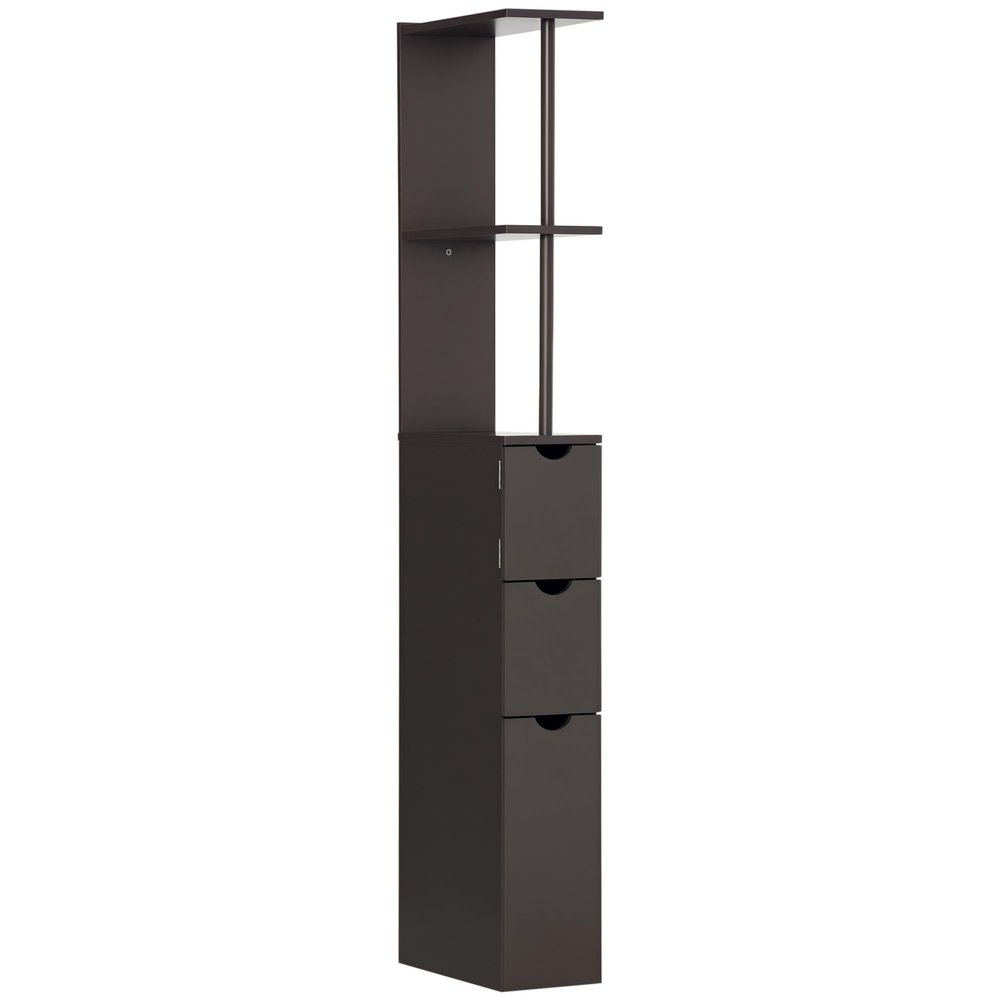 HOMCOM 54" Tall Bathroom Storage Cabinet, Freestanding Linen Tower with 2-Tier Shelf and Drawers, Narrow Side Floor Organizer, Brown