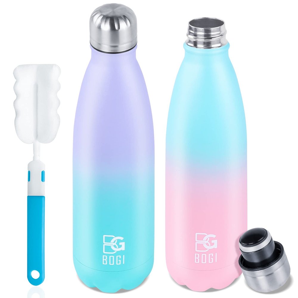 BOGI Insulated Water Bottle, 17oz 2 Pack Stainless Steel Water Bottles, Leak Proof Sports Metal Water Bottles Keep Drink Cold for 24 Hours and Hot for 12 Hours BPA Free kids water bottle for School