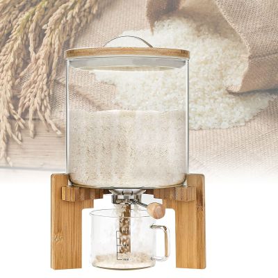 Airtight Rice and Cereal Dispenser 5/7.5L, Glass Food Storage Container with Dustproof Wooden Lid and Glass Measuring Cup, Moisture Proof Storage Bucket for Small Particles Grains(Size:7.5L)
