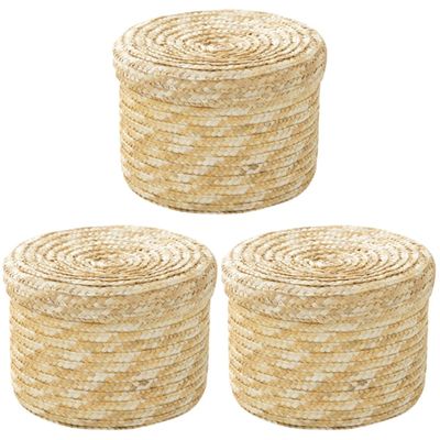3 Pcs Straw Storage Basket Wheat-straw Basket Handwoven Kids Snack Container Snack Tray with Lid Hyacinth Bin Handwoven Round Wheat-straw Bin
