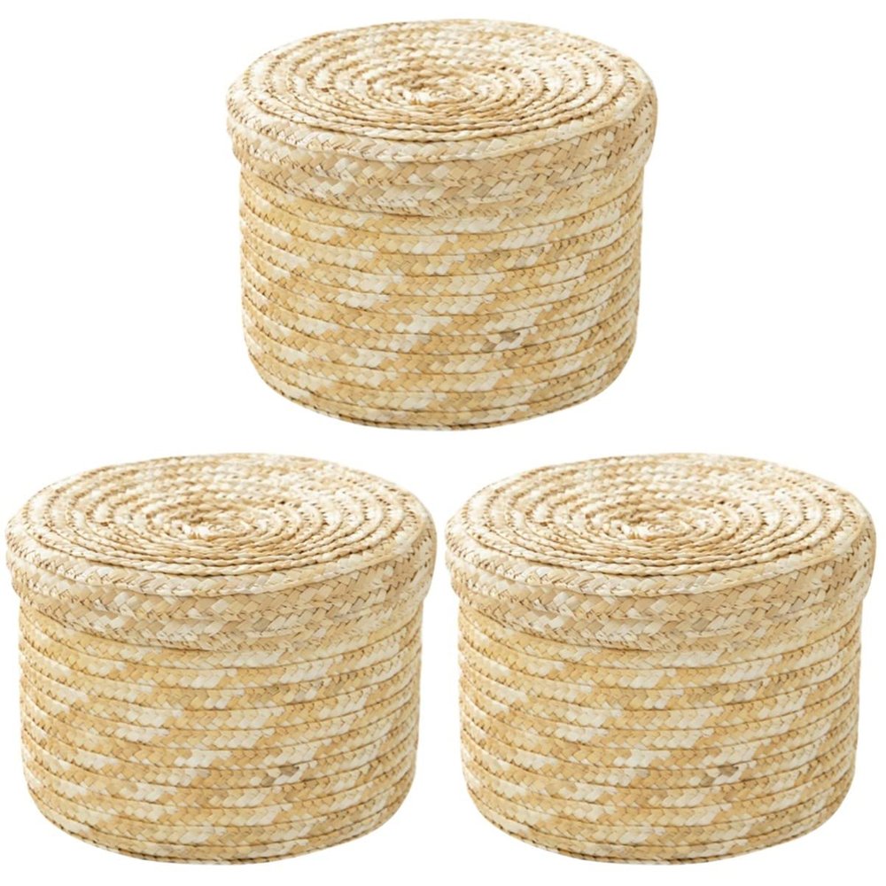 3 Pcs Straw Storage Basket Wheat-straw Basket Handwoven Kids Snack Container Snack Tray with Lid Hyacinth Bin Handwoven Round Wheat-straw Bin