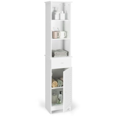 Tangkula Tall Bathroom Cabinet, Slim Storage Cabinet with 3 Tier Shelf, Drawer & Enclosed Narrow Floor Linen Tower Adjustable Shelves for Living Room, 13.5 x 12 64.5 Inches White