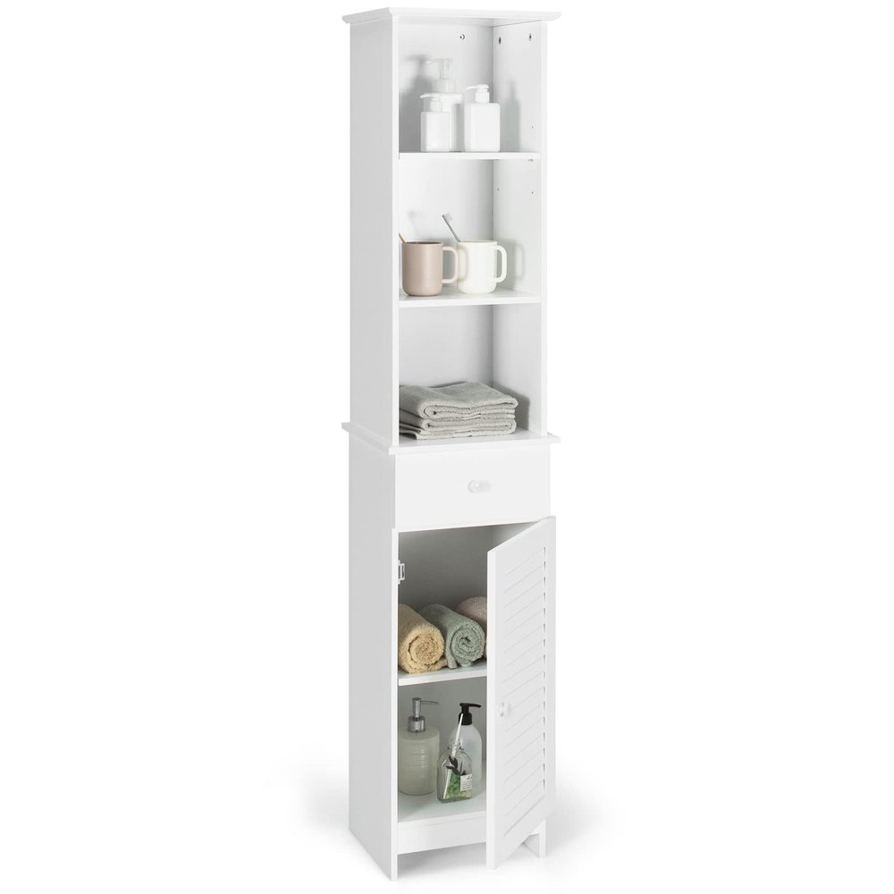 Tangkula Tall Bathroom Cabinet, Slim Storage Cabinet with 3 Tier Shelf, Drawer & Enclosed Narrow Floor Linen Tower Adjustable Shelves for Living Room, 13.5 x 12 64.5 Inches White