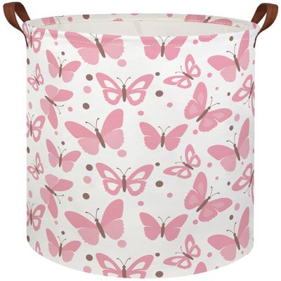 HIYAGON Girls Pink Laundry Baskets Baby Hamper for Nursery Girl Cute Kids Toy Organizer Bins Butterfly Room Decor Bedroom Bathroom(Pink Butterfly)