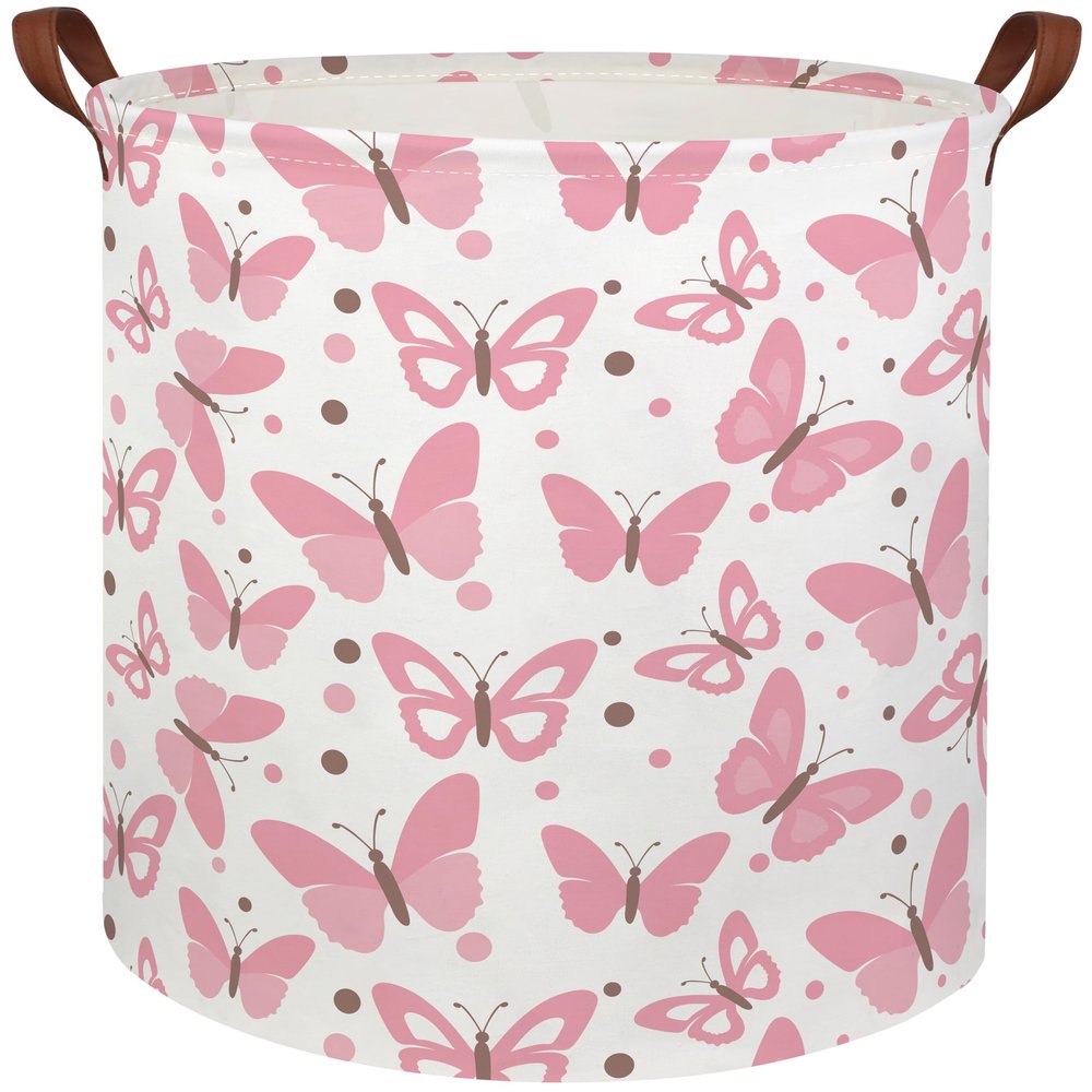 HIYAGON Girls Pink Laundry Baskets Baby Hamper for Nursery Girl Cute Kids Toy Organizer Bins Butterfly Room Decor Bedroom Bathroom(Pink Butterfly)