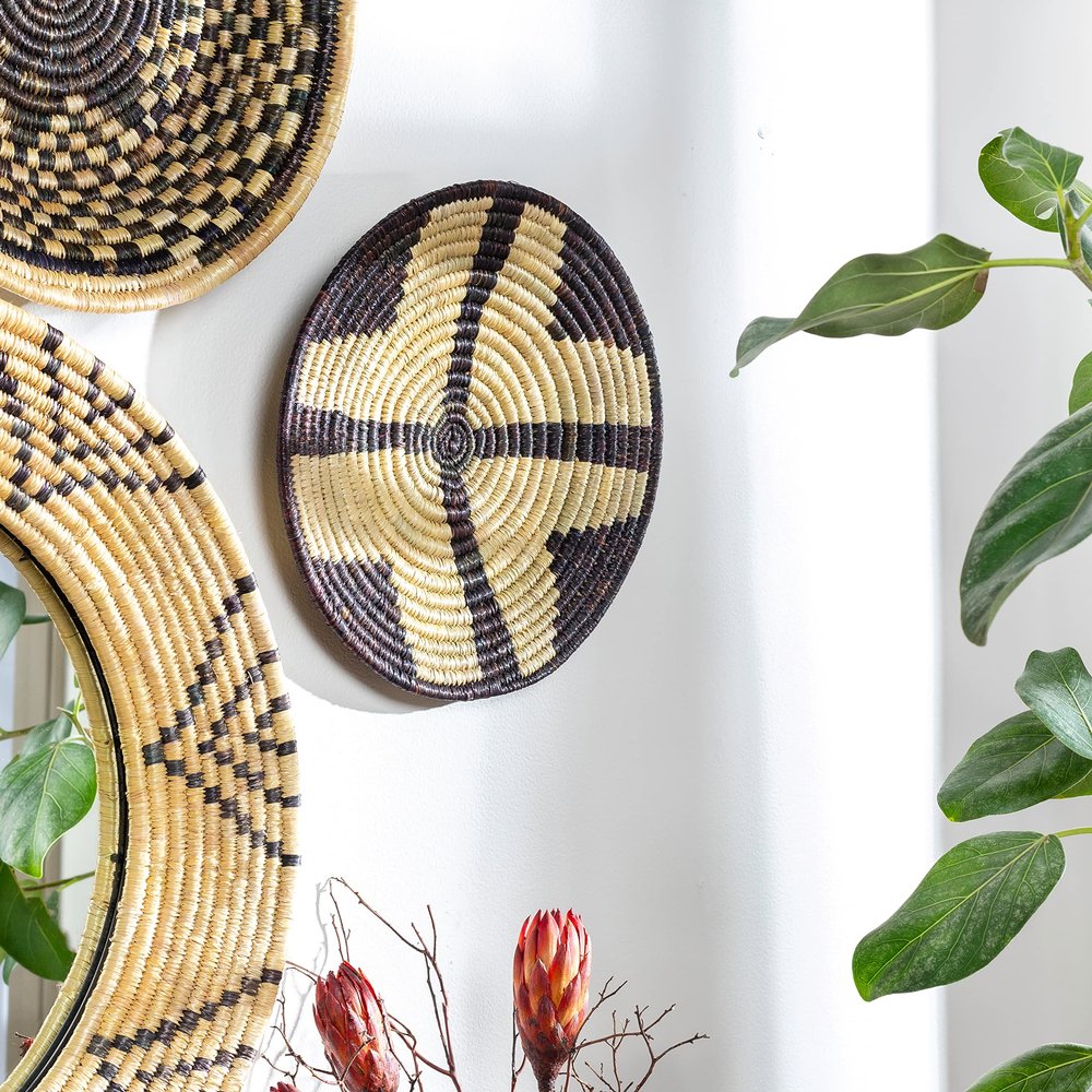 Artistic Weavers Maribelle Boho Hand Woven Grass Basket Wall Art, 12 inch, Black Cross