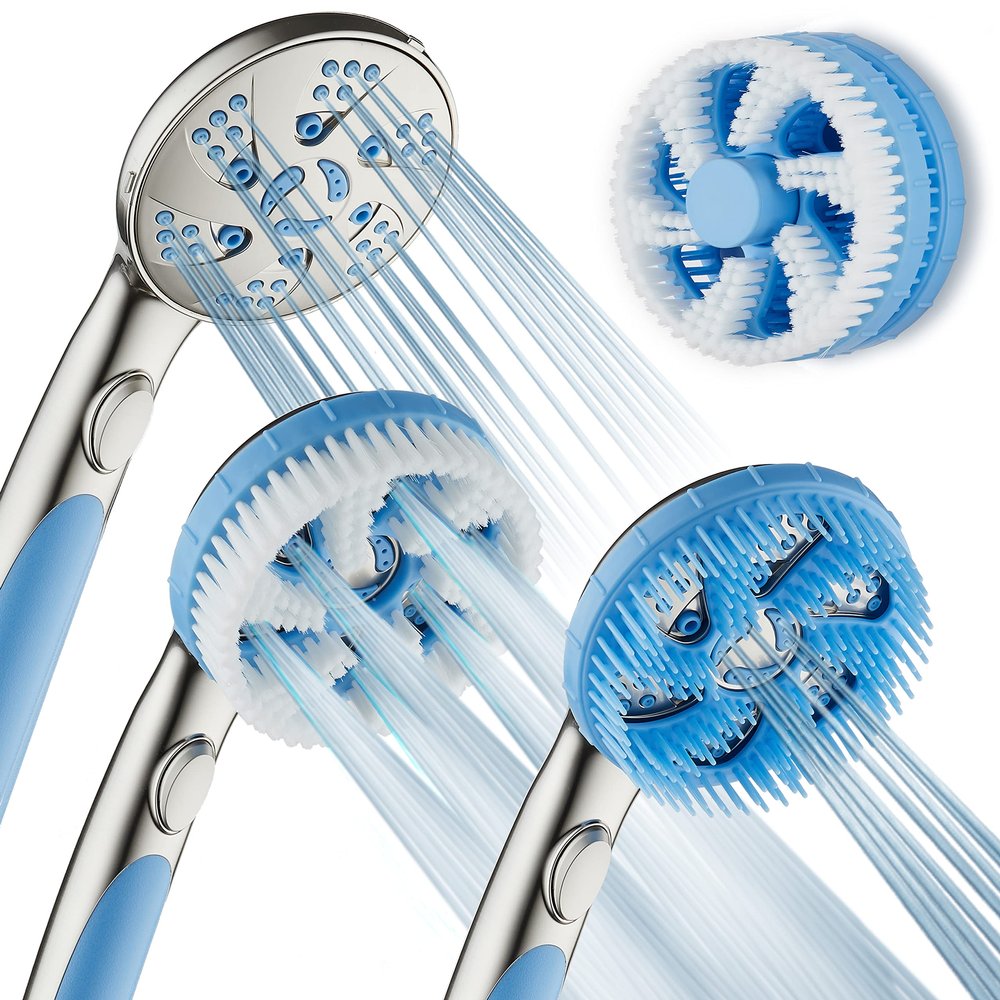 Hotel Spa 4-in-1 Aquassage - High Pressure 10-mode Shower Head, Hand Shower, Hydro Body Brush & Hair Brush in One With Two Brackets, Extra-long 6 foot Stainless Steel Hose & Brush Head Holder