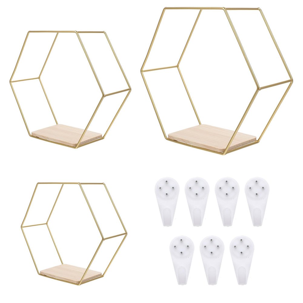 DOITOOL 3pcs Iron Hexagon Wall Shelves Decorative Wall-Mounted Storage Rack Decor for Plants Books Collectibles Stylish Space-Saving Organizer