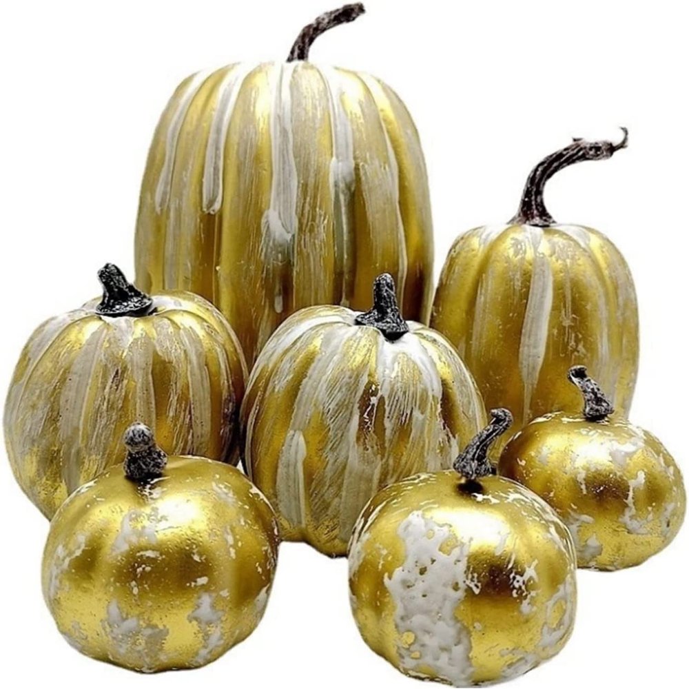 7Pcs Artificial Pumpkins Halloween Decoration, Lifelike Simulation Mixed Harvest Fall Foam Pumpkins for Halloween Thanksgiving Home Party Supplies (Gold-7Pcs)