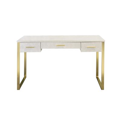 Benjara San 50 Inch Textured Vanity Desk with Round Mirror, Sled Base, White and Gold