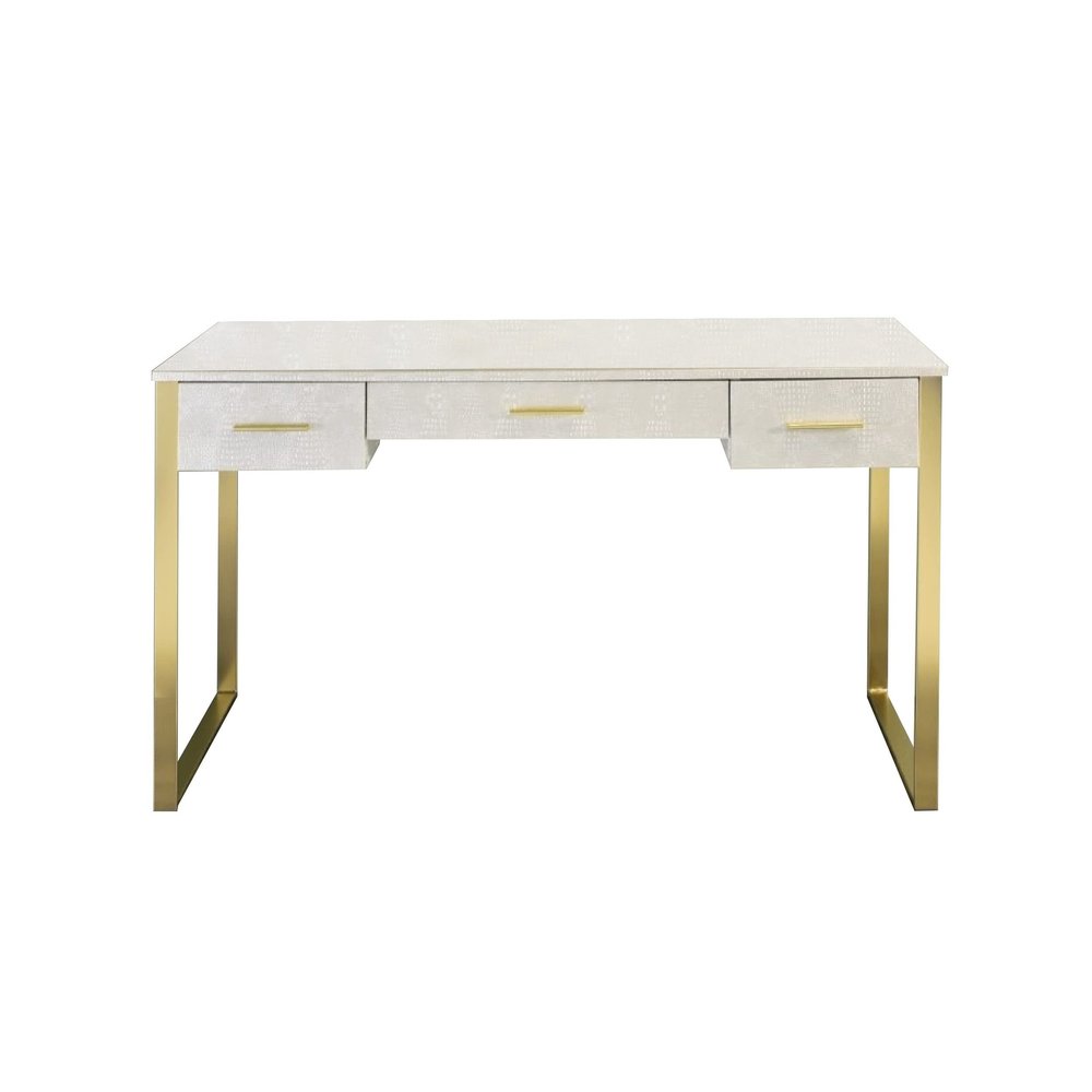 Benjara San 50 Inch Textured Vanity Desk with Round Mirror, Sled Base, White and Gold