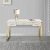 Benjara San 50 Inch Textured Vanity Desk with Round Mirror, Sled Base, White and Gold view 2