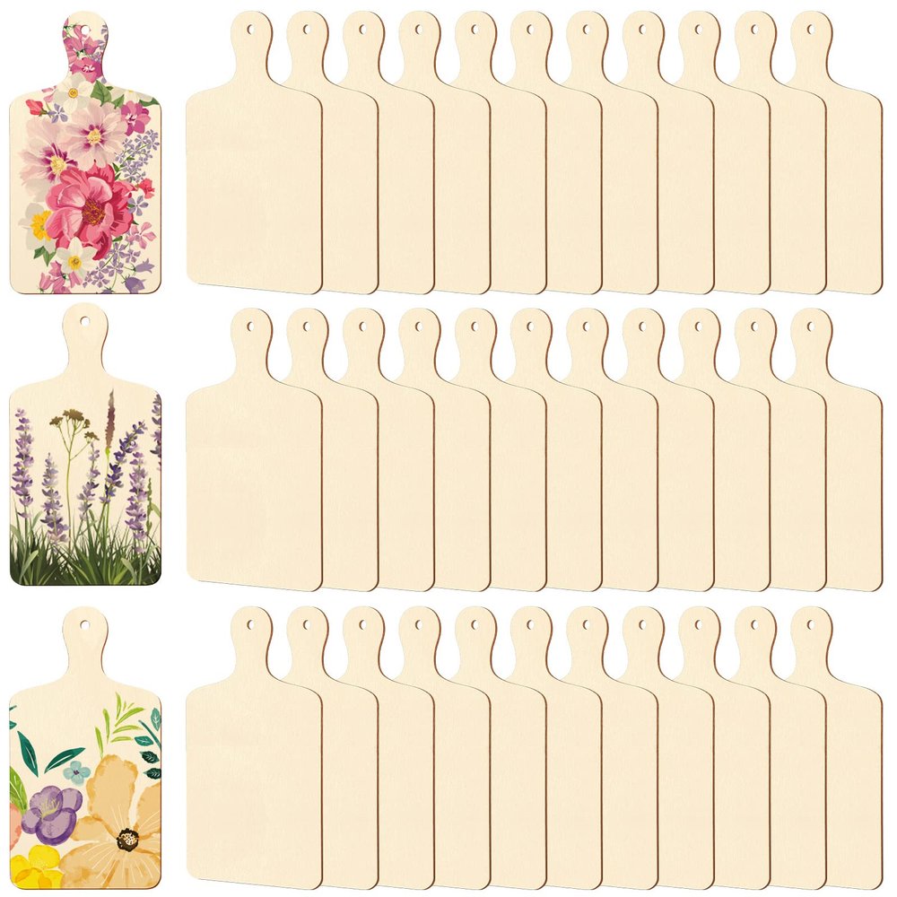 36 Pcs Wooden Mini Cutting Board with Handle Unfinished Wood Craft Mini Charcuterie Boards Paddle Blank Small Chopping Plank for DIY Kitchen Cooking Vegetables Decor(9.4 x 5.1 Inch)