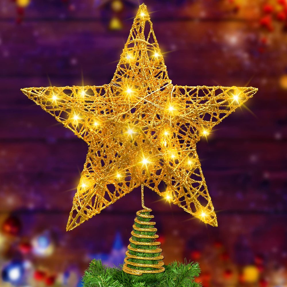 DULEFUN 11.8 Inch LED Star Tree Topper - Gold Metal Ornament with 20 Lights for Christmas Tree Decoration New Year Holiday Decor