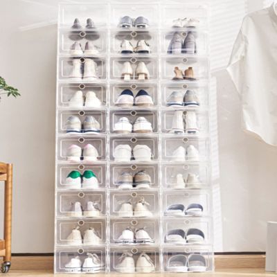 20pcs Shoe Storage Box Foldable Storage Plastic Clear Home Organizer Stackable Shoe Organizer Boxes, Clear Plastic Shoe Organizer for Closet, Easy Assembly Space Saving Foldable Shoe Holder Containers Bins