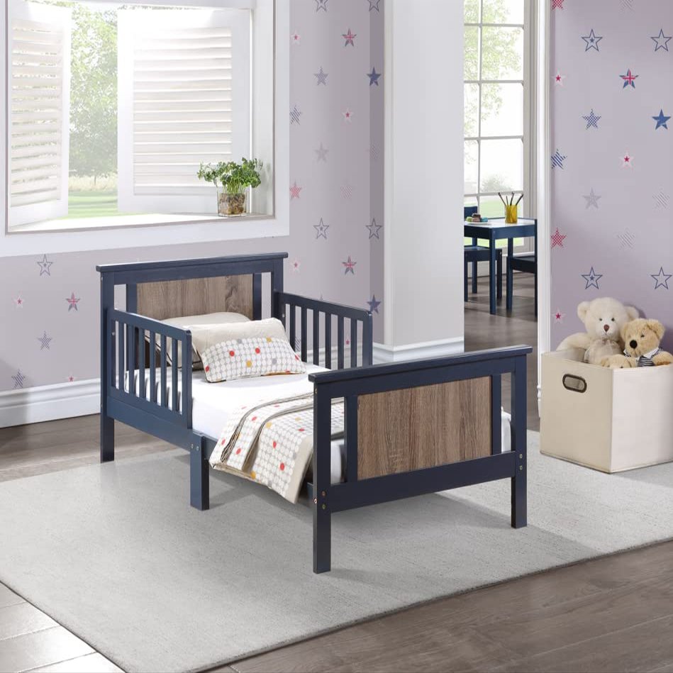 CKLMMC Vintage Toddler Bed with Reversible Headboard and Footboard Panel, The Perfect Transition Bed with Two Side Safety Rails,JPMA Certified (Blue#T^)