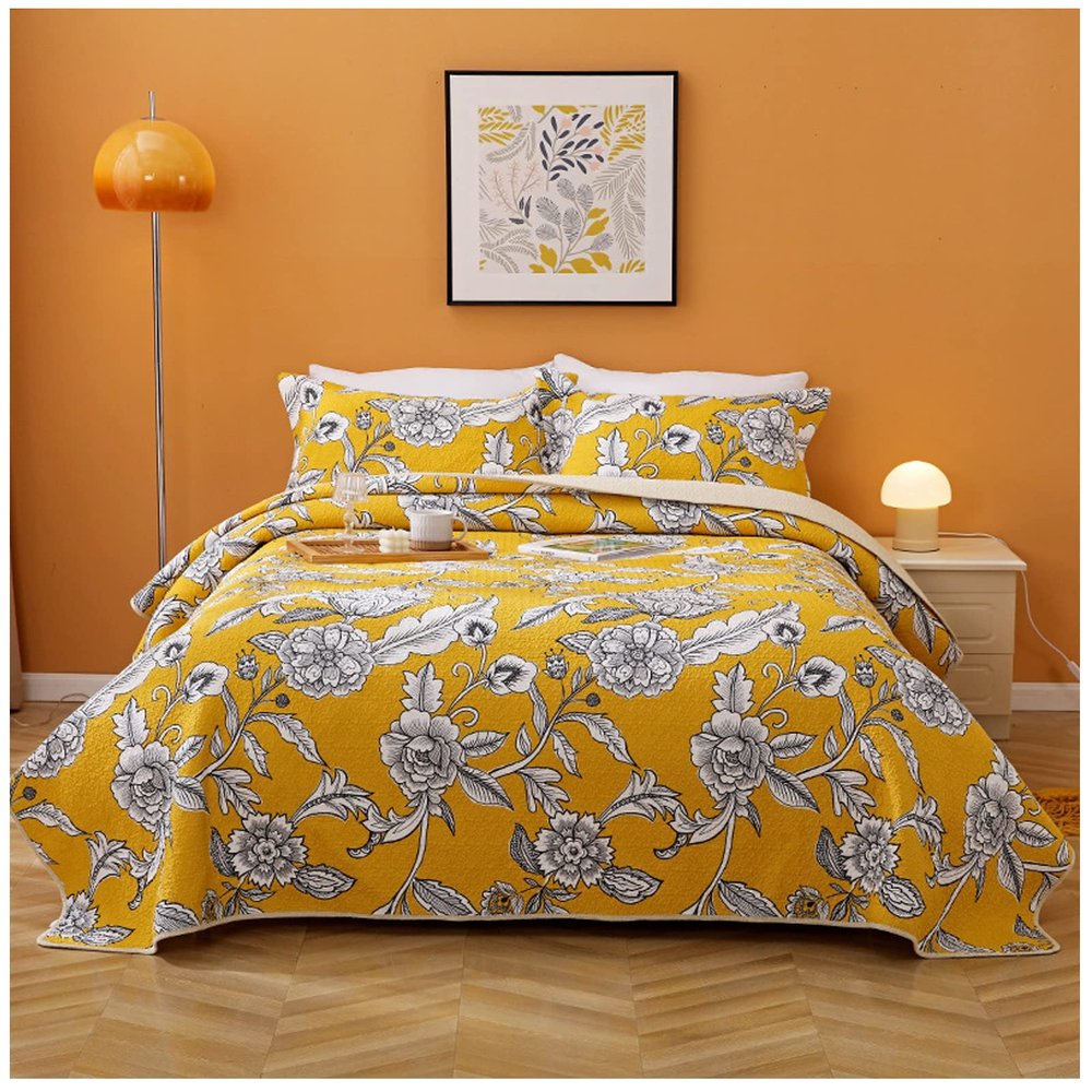 3-Piece Floral Print Queen Size Quilt Set (90" X 98") Vibrant and Bright Bohemian Cotton Quilt Set Reversible Patchwork Bedspread Coverlet Queen Size Bed Cover,A,Queen(90"98"