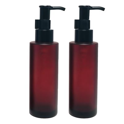 100ml Glass Oil Pump Bottle 2 Pack, Lockable Refillable Empty Dispenser Bottles for Massage Oil, Makeup Remover, Lotion, Essential Oil, Leak-Proof Dark Red Frosted Glass