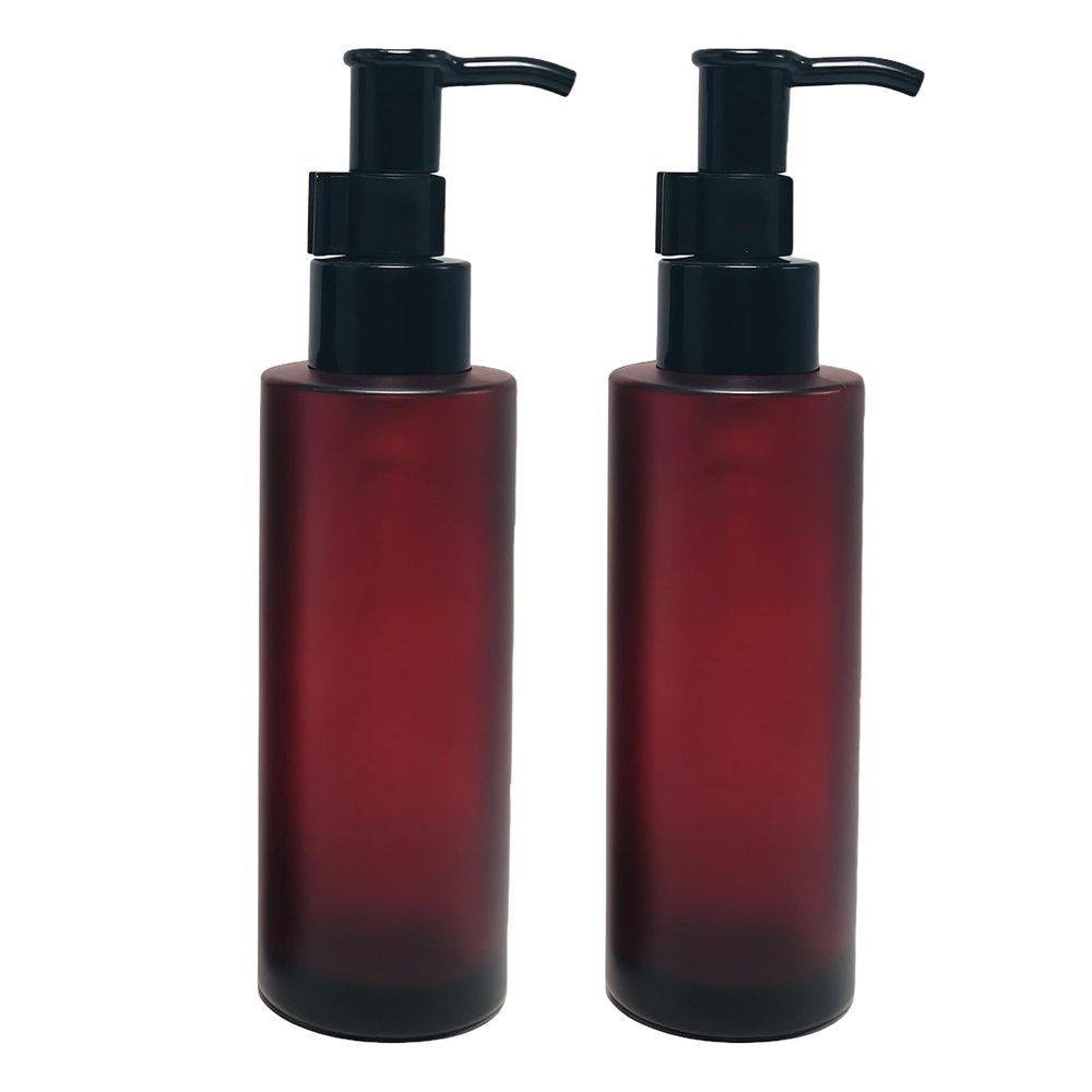 100ml Glass Oil Pump Bottle 2 Pack, Lockable Refillable Empty Dispenser Bottles for Massage Oil, Makeup Remover, Lotion, Essential Oil, Leak-Proof Dark Red Frosted Glass