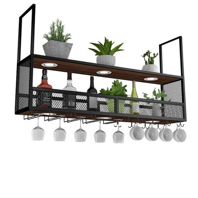 LUNEZY Wall Mounted Wine Rack with Glass Holder (with Spotlights) | Ceiling Hanging Wine Holder Metal Wooden | Wine Bottle Holder | Suspended Wine Glass Holder (Black)