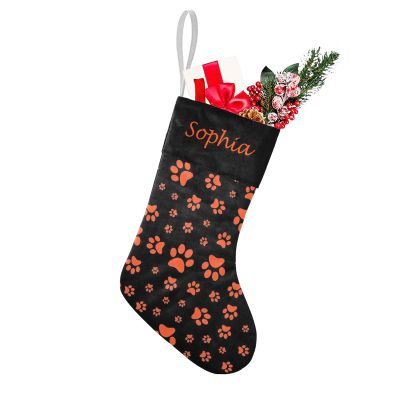 SunFancyCustom Personalized Custom Name Christmas Stockings Black and Orange Dog Paw Print Holiday Birthday Decor for Kid Pets 17.52 x 7.87 Inch