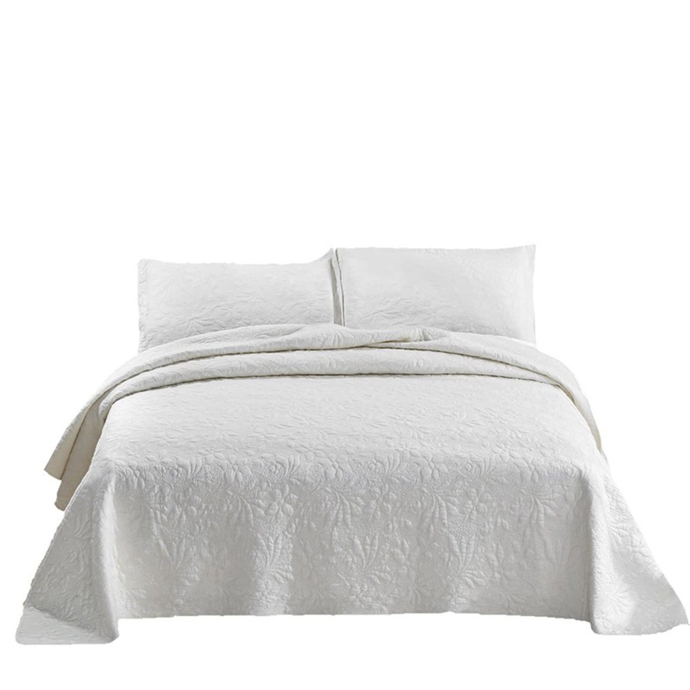 XXRBB Quilted Bedspread Embossed Coverlet with 2 Pillow Shams, Solid Color Cotton Bed Cover Set,White,Double 230x250cm