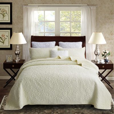XXRBB Quilted Bedspread Embossed Coverlet with 2 Pillow Shams, Solid Color Cotton Bed Cover Set,Beige,Double 230x250cm