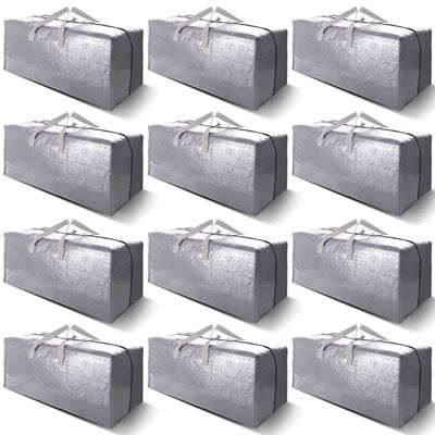 VELVETSURE 12 Pack Heavy Duty Extra Large Moving Bags W/Backpack Straps - Strong Handles & Zippers, Storage Totes For Space Saving, Fold Flat, Alternative to Moving Box and Storage Bin, Silver