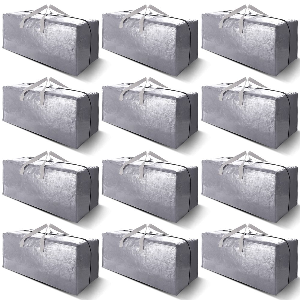 VELVETSURE 12 Pack Heavy Duty Extra Large Moving Bags W/Backpack Straps - Strong Handles & Zippers, Storage Totes For Space Saving, Fold Flat, Alternative to Moving Box and Storage Bin, Silver